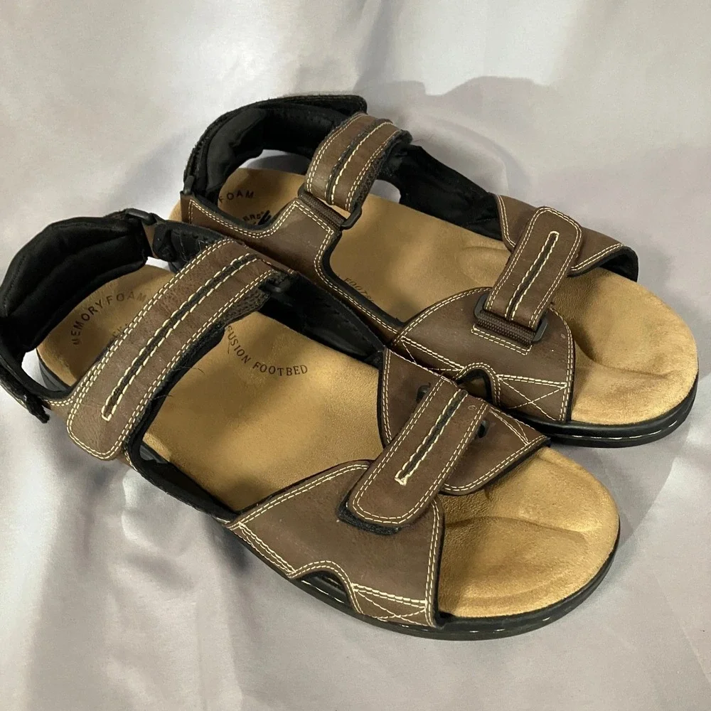 Dockers‎ Mens 13W Brown Leather Fusion Footbed Memory Foam Strap Sandals